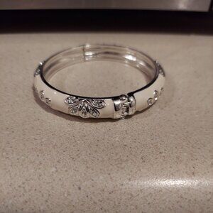 Vintage White Enamel Silver Tone & Faux Diamond Bangle Bracelet